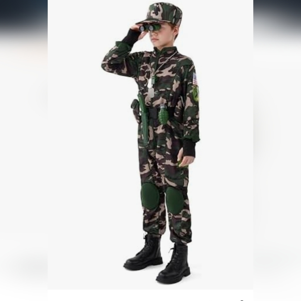 Kids Army Soldier Costume Large 10-12 Camo Trooper Halloween Dress Up Set - Picture 3 of 8